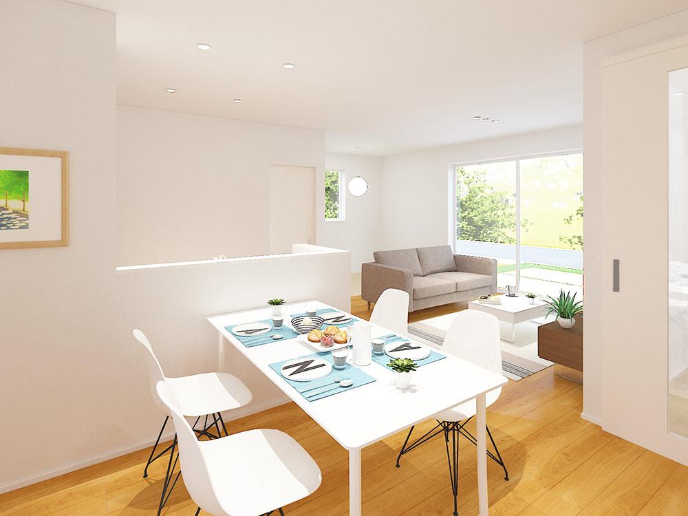 【完成予想図(内観)】床座でくつろげるタタミコーナーが隣接。あわせると広々20.1帖!