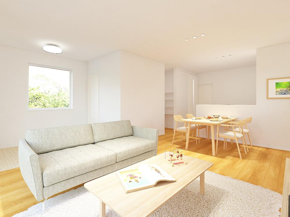 【完成予想図(内観)】レイアウトが楽しめる縦長のLDK!キッチン横に水回りを集約した家事ラク動線です。