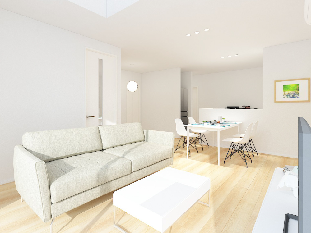 【完成予想図(内観)】キッチンと水回りを近くに配置することで、移動がスムーズになり家事ラク動線に♪洗濯や料理を同時進行しやすく、家事効率もアップ！時短につながり、毎日の暮らしにゆとりが生まれます。