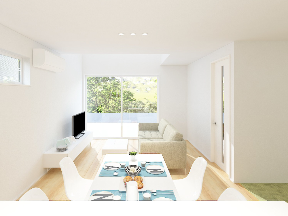 【完成予想図(内観)】大きな南窓から光がたっぷり降り注ぎ、LDKはいつでも明るく開放的。心地よい空間で、家族の時間がもっと豊かに広がります。