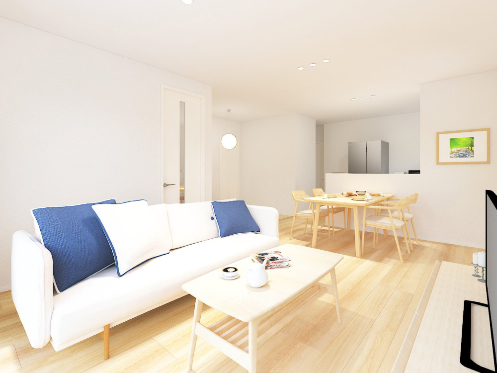 【完成予想図(内観)】キッチンは人気の対面式。リビング学習のお子様を見守りながらのお料理も叶います♪家族みんながアクセスしやすい畳コーナーに収納があり、”サッとお片付け”習慣も身に付きそうです。