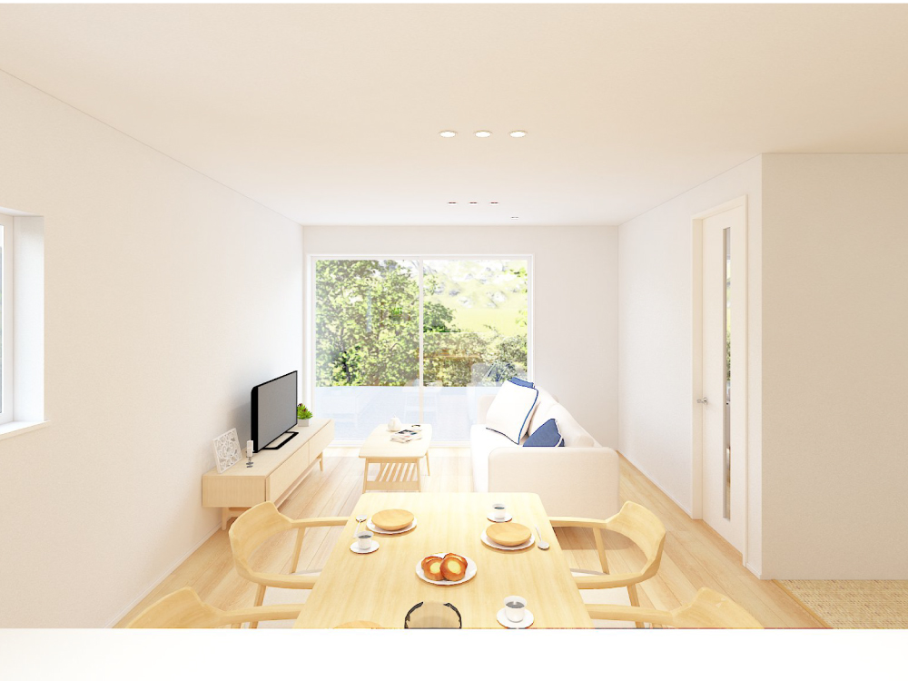 【完成予想図(内観)】大きな南窓から光がたっぷり降り注ぎ、LDKはいつでも明るく開放的。心地よい空間で、家族の時間がもっと豊かに広がります。