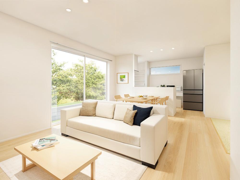 【完成予想図(内観)】日当たりを考慮された窓計画で効率よく陽光を取り込む明るいリビング。