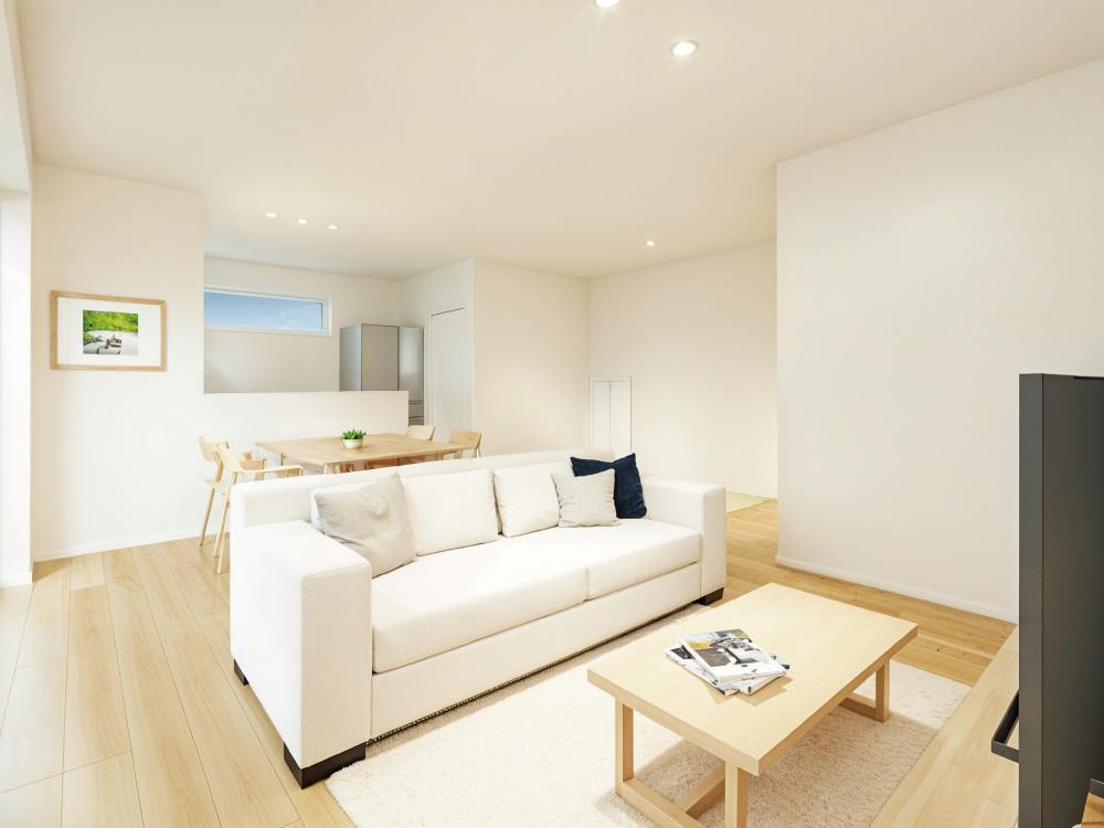 【完成予想図(内観)】家具レイアウトがしやすい縦長LDＫ。タタミコーナー隣接でより広く、家族が思い思いの場所で寛げます。