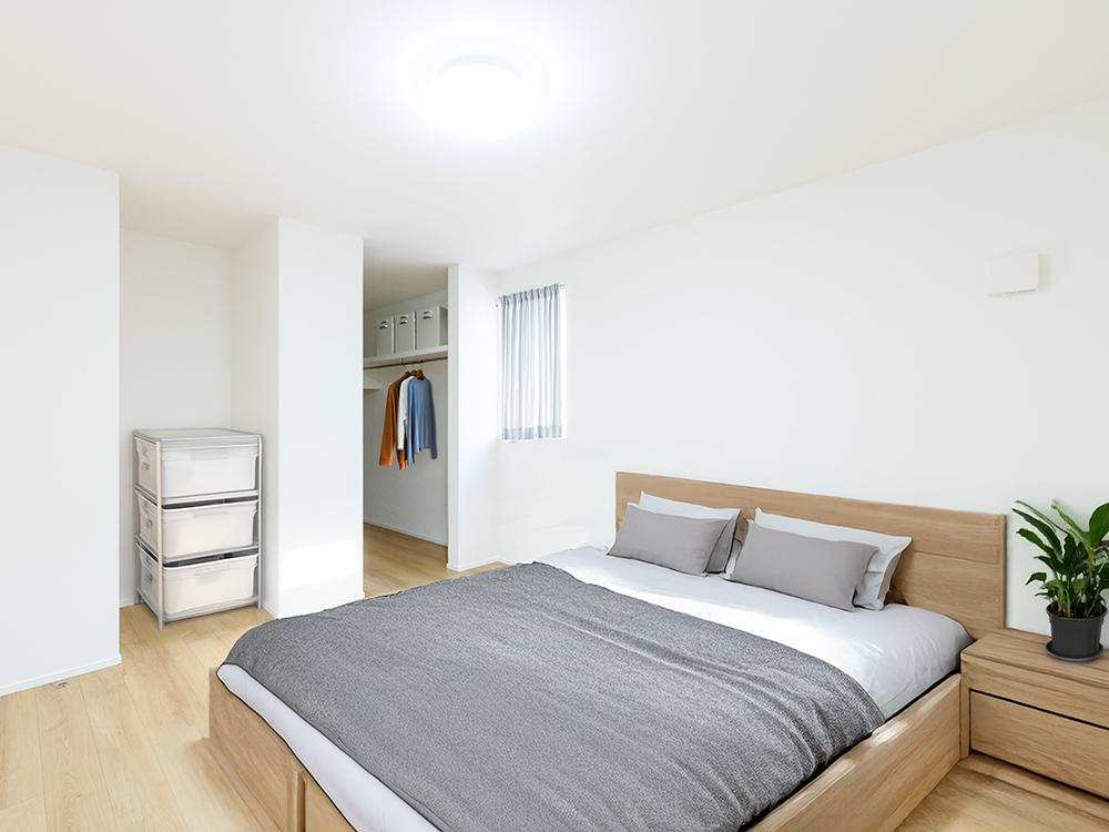 【収納付き居室（8帖）＋WIC】 大容量WIC完備で収納家具いらず。ベッドやお好きな家具をゆったり配置できるゆとりの広さです。※家具・小物等はCGで合成したイメージです。