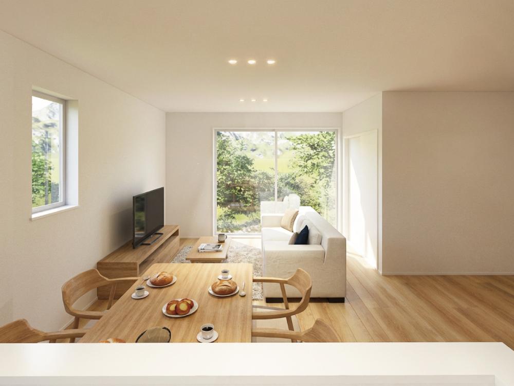 【完成予想図(内観)】日当たりを考慮された窓計画で効率よく陽光を取り込む明るいリビング。