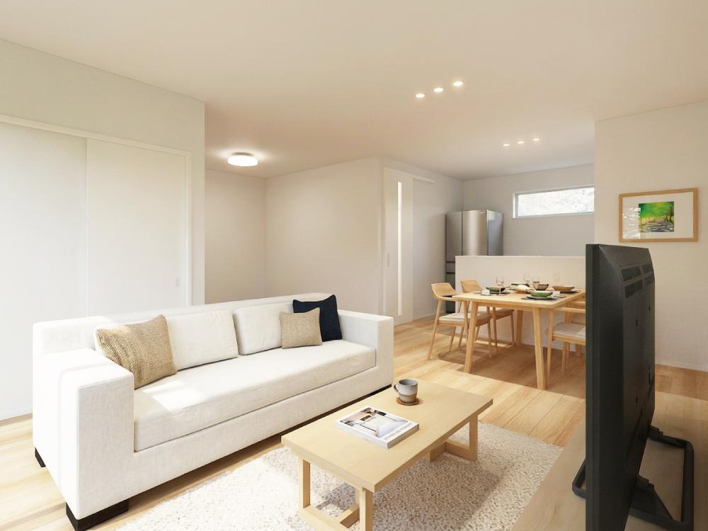 【完成予想図(内観)】4.5帖の洋室部分をあわせると約20.3帖の広々リビング