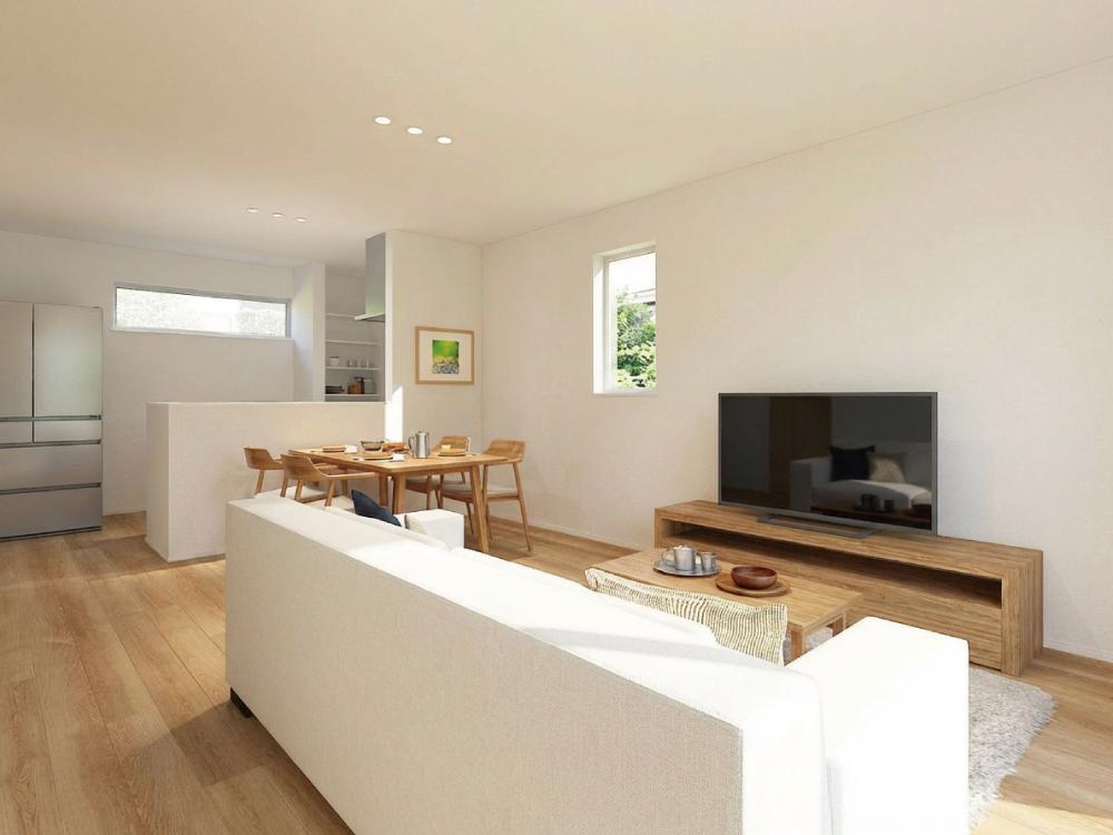 【完成予想図(内観)】家具レイアウトで様々なインテリアが楽しめるLDK。南面と東面の窓から陽光をたっぷり取り込む開放感のあるリビングです