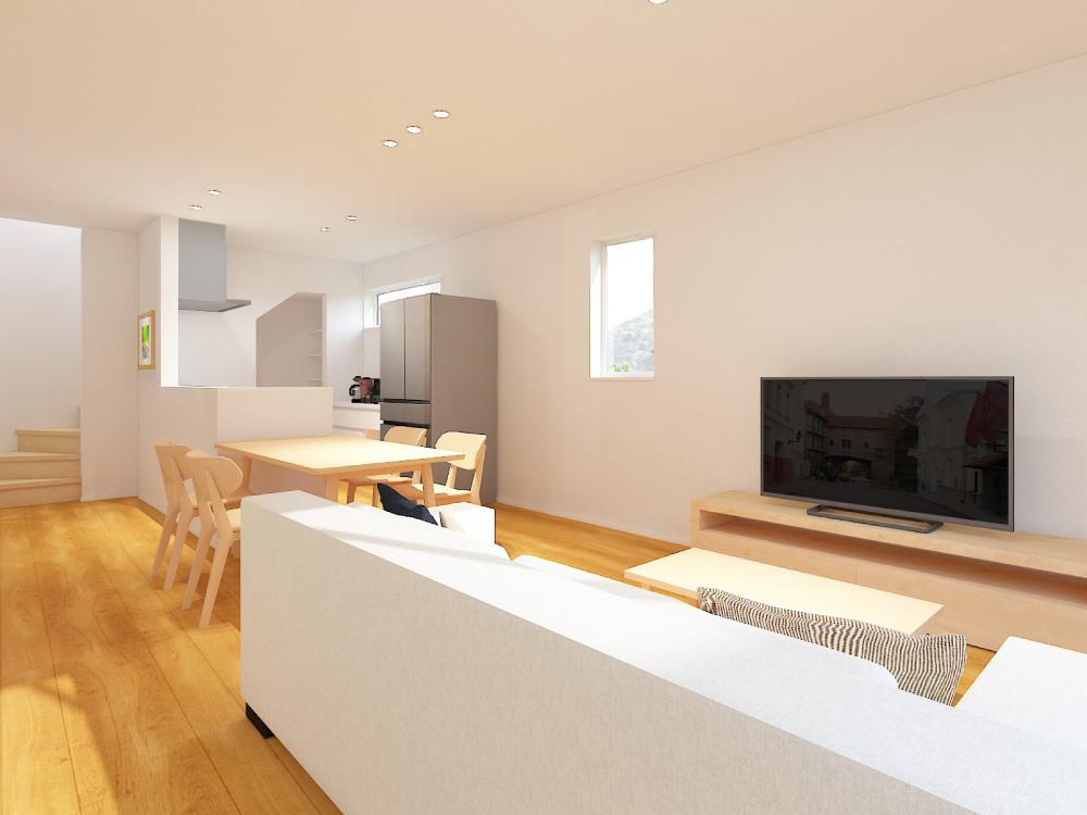 【完成予想図(内観)】キッチンと横並びになったLDKは、配膳や片付けがスムーズで家事のしやすさ◎。 家族との会話が自然と生まれる、心地よい距離感の住まいです。