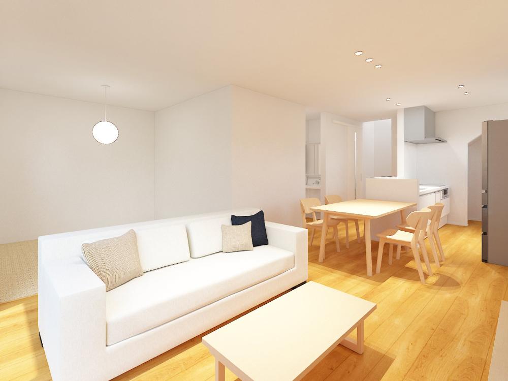 【完成予想図(内観)】リビングにはタタミコーナーつき！床座でゆったり過ごしたり、家事をしたりあると嬉しいスペースです。