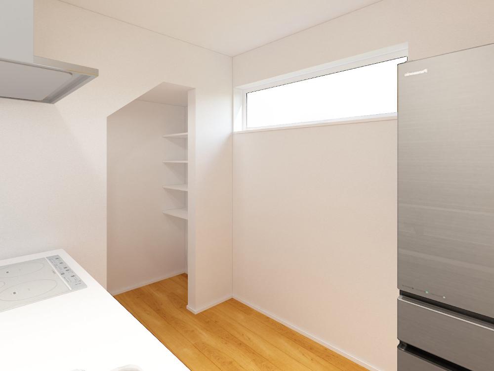 【パントリー】階段下のスペースを有効活用♪キッチンからサッと手が届く位置に設けたオープンパントリーは片手がふさがった作業中でも使い勝手良好！