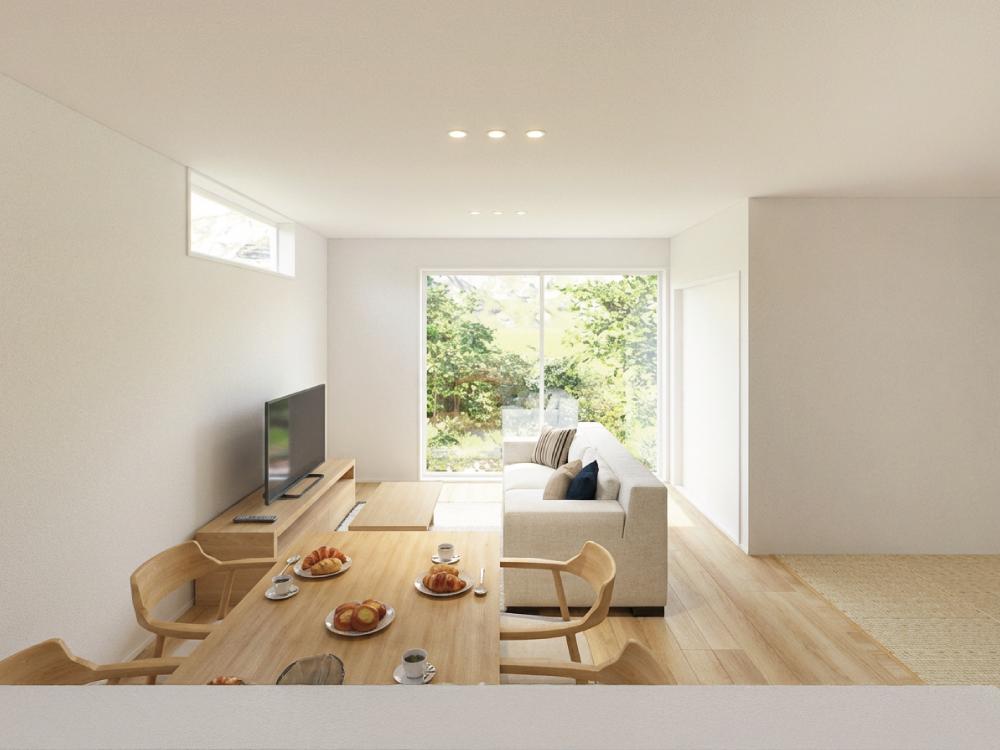 【完成予想図(内観)】日当たりを考慮された窓計画で効率よく陽光を取り込む明るいリビング。