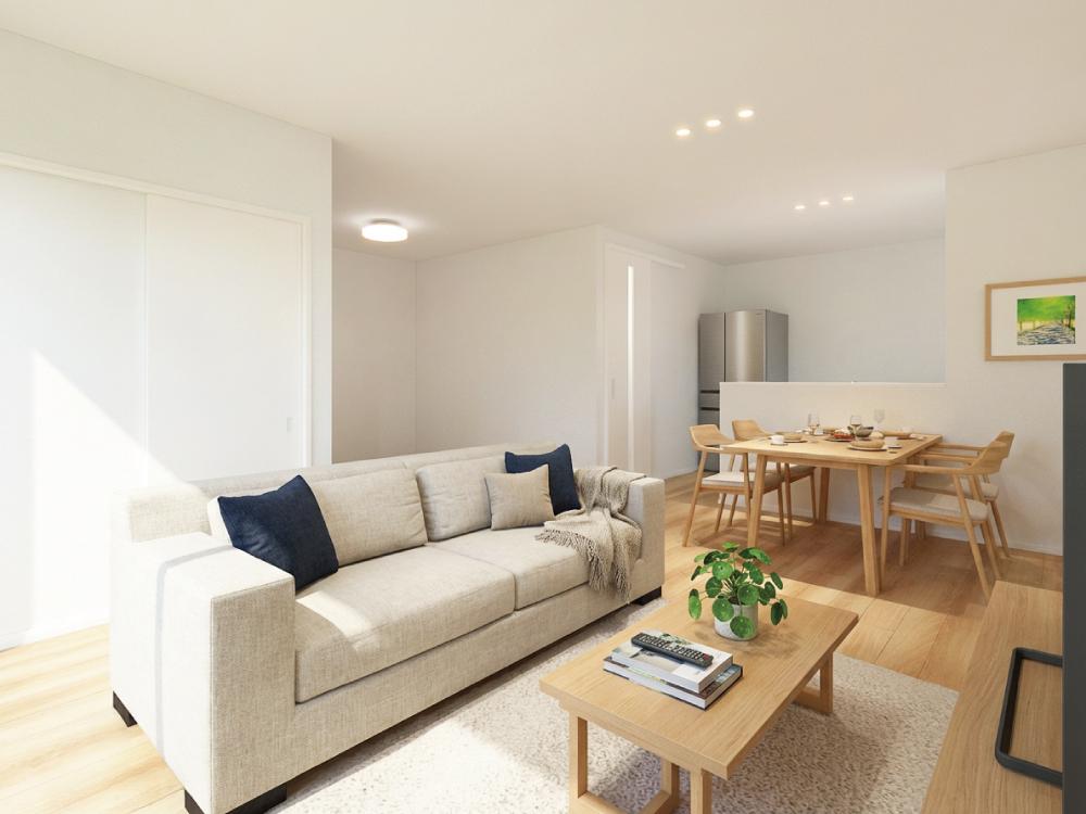 【完成予想図(内観)】タタミコーナーをあわせると約20帖の広々としたリビングです。 家族が互いの気配を感じながらも思い思いの場所でゆったりくつろげます。