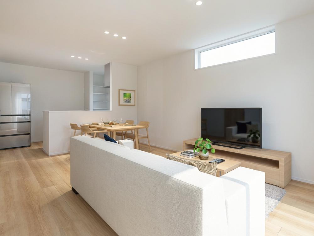 【完成予想図(内観)】家族と会話しながら料理ができる対面キッチン。家事をしながらお子様の遊びやリビング学習の見守りもできます。