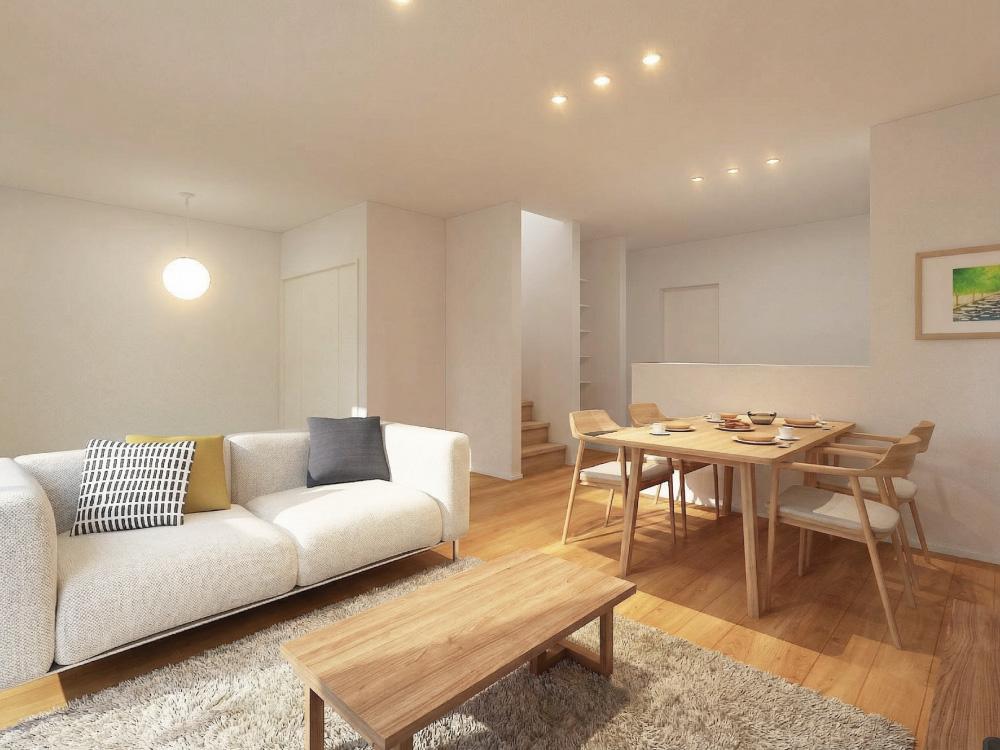 【完成予想図(内観)】リビングにはタタミコーナーつき!床座でゆったり過ごしたり、家事をしたりあると嬉しいスペースです。