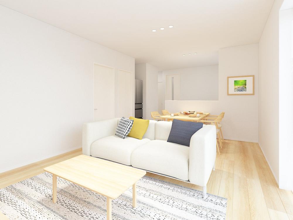 【完成予想図(内観)】陽光を効率よく取り込む窓計画で明るく爽やかなリビングです