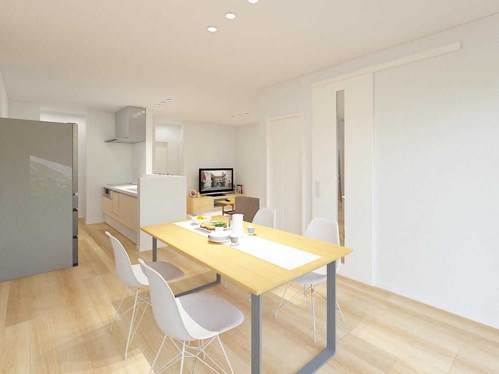 【完成予想図(内観)】食事の場と寛ぎの場をゆるやかにわけられるL字型のLDKです