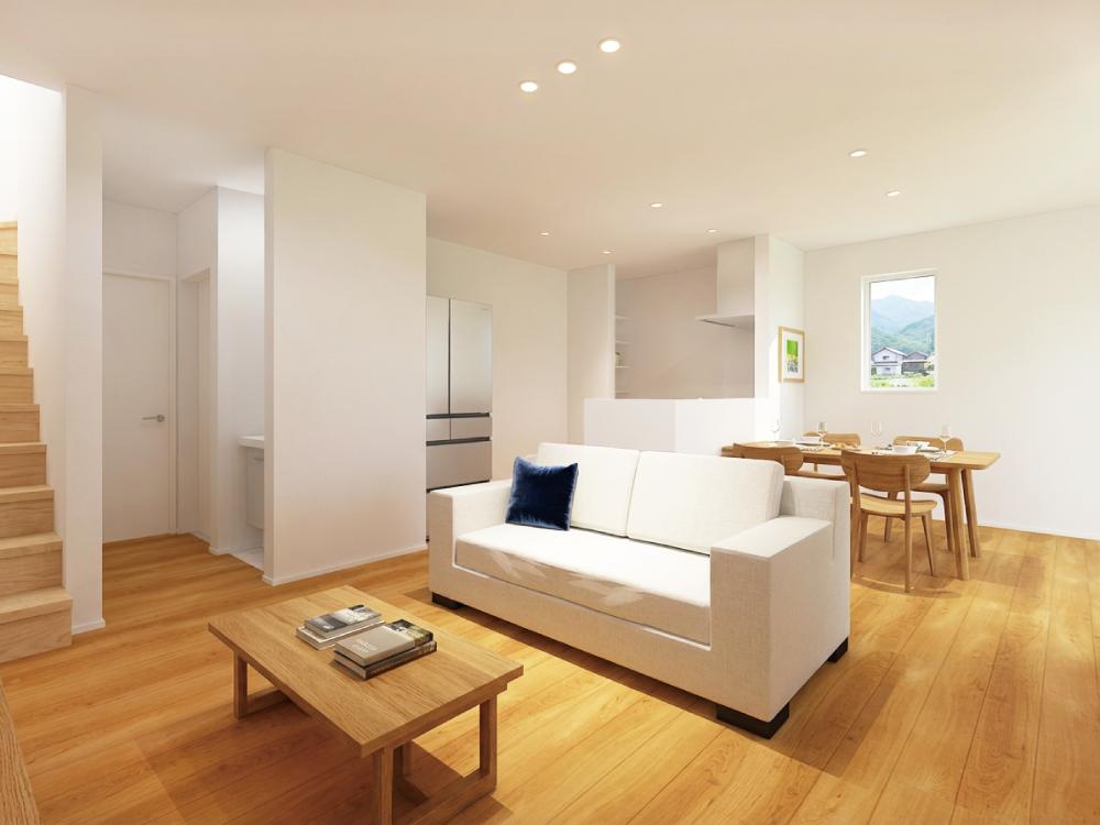 【完成予想図(内観)】キッチンからはリビングが見通せるので、家族との会話を楽しみながら家事ができる快適な空間です。