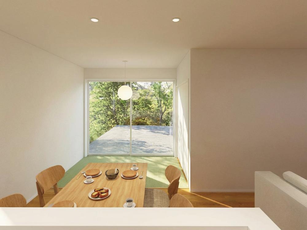 【完成予想図(内観)】リビングにはタタミコーナーつき!床座でゆったり過ごしたり、家事をしたりあると嬉しいスペースです。