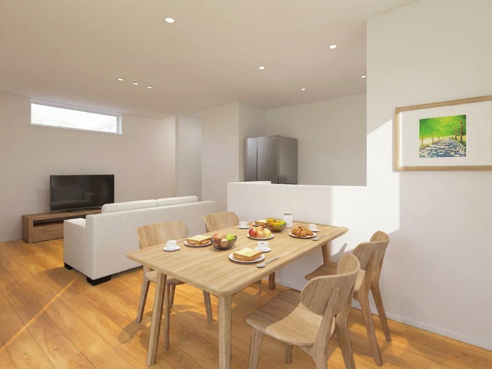 【完成予想図(内観)】3方向に窓を設けた明るいLDK。たっぷりの自然光が差し込み、開放感あふれる心地よい空間です。風通しも良く、一年を通して快適に過ごせます。