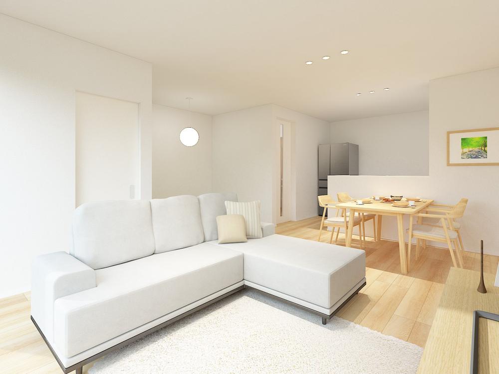 【完成予想図(内観)】キッチンから掃き出し窓に視線が抜けて奥行きと開放感を感じやすい縦長のLDK。リビング全体やタタミコーナーを見渡せるので家事をしながらお子様の見守りもしやすいです。