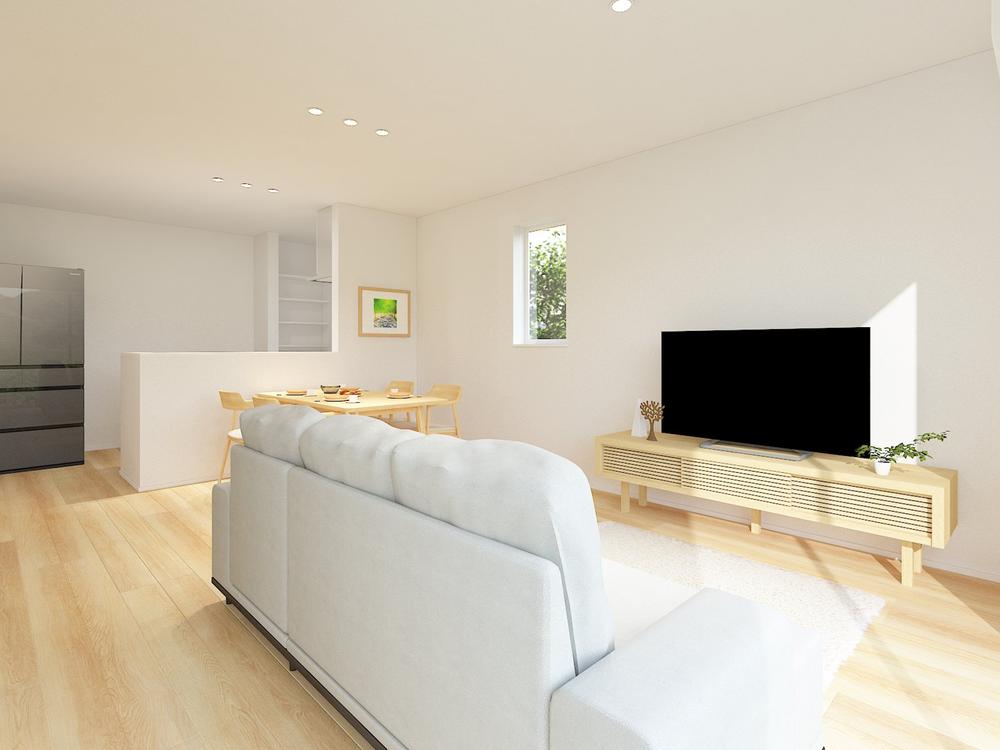 【完成予想図(内観)】リビングには床座で寛げるタタミコーナーが隣接。リビングをより広く使えます。