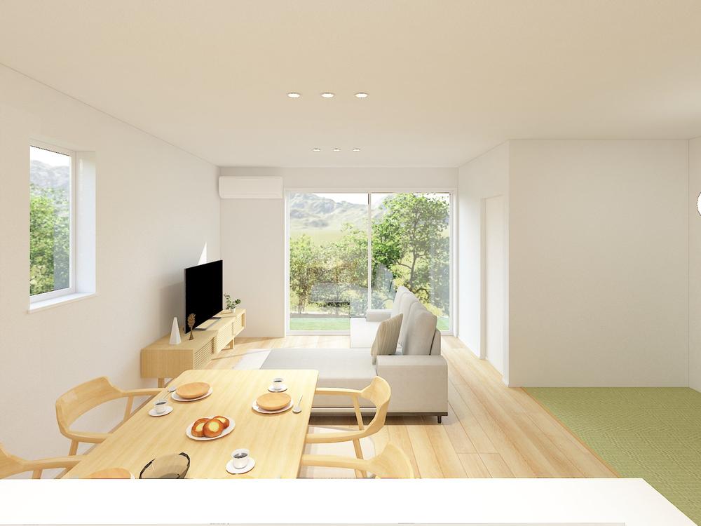 【完成予想図(内観)】窓から効率よく自然光を取り込む明るいリビング。