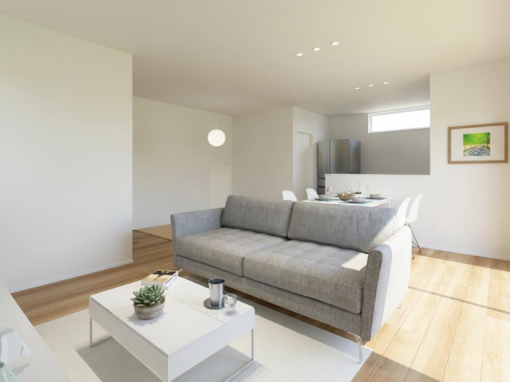 【完成予想図(内観)】タタミコーナーあわせると21.1帖の広々リビング！リビング全体やタタミコーナーを見渡せるので家事をしながらお子様の見守りもしやすいです。