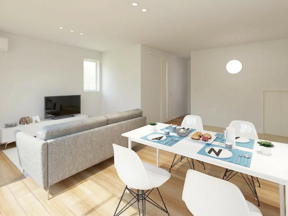 【完成予想図(内観)】リビングには床座で寛げるタタミコーナーが隣接。リビングをより広く使えます。