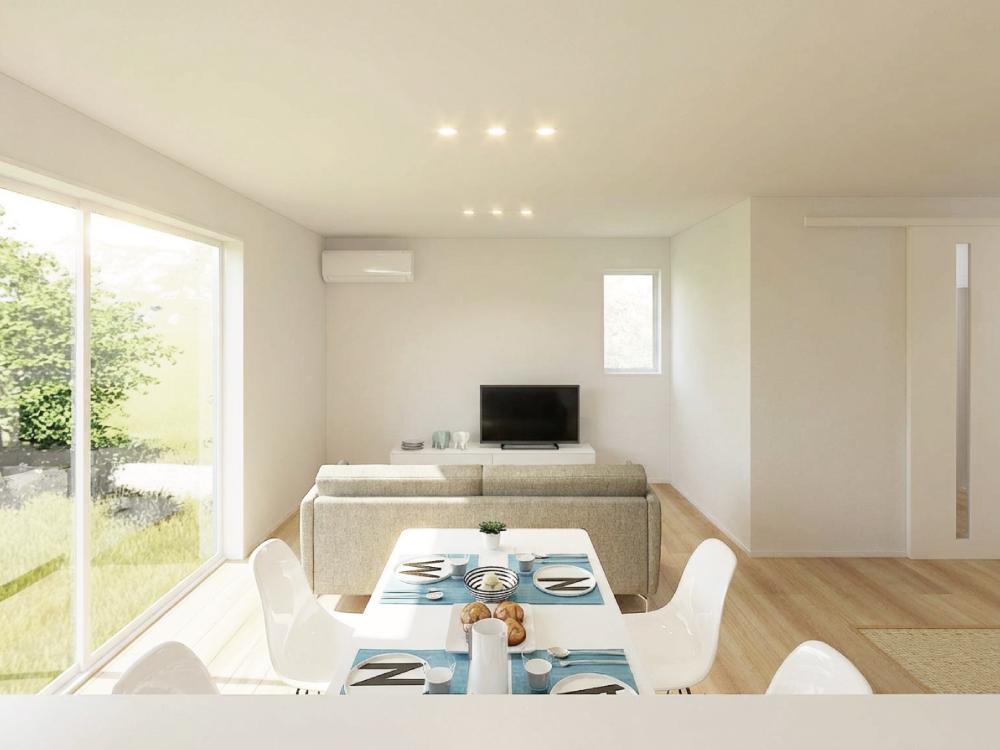 【完成予想図(内観)】3方向の窓から効率よく自然光を取り込む明るいリビング。