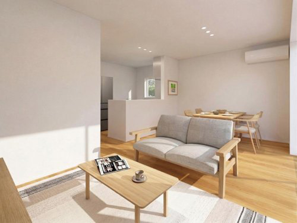 【完成予想図(内観)】L字型に配置されたLDK。開放的ながら籠もり感のあるキッチンです。くつろぎと食事の場を緩やかに分けられ、レイアウトも楽しめます♪