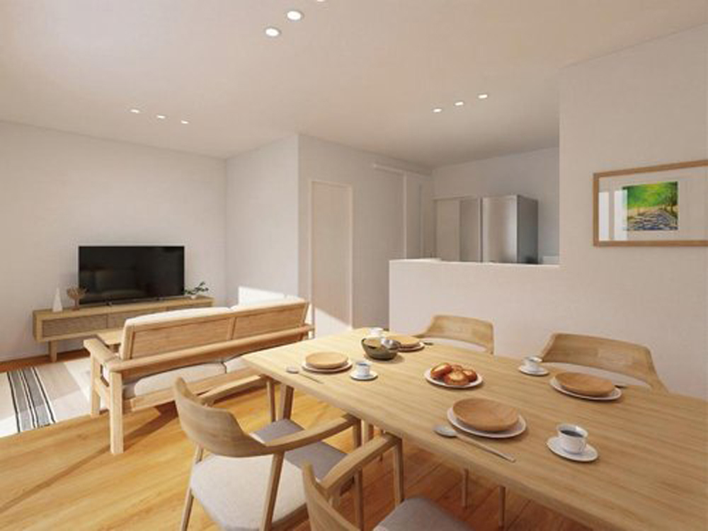 【完成予想図(内観)】家族の物が集まりがちなリビングには収納を設けました。定位置が決まってお片付けしやすく、スッキリと片付いた状態を保てます。