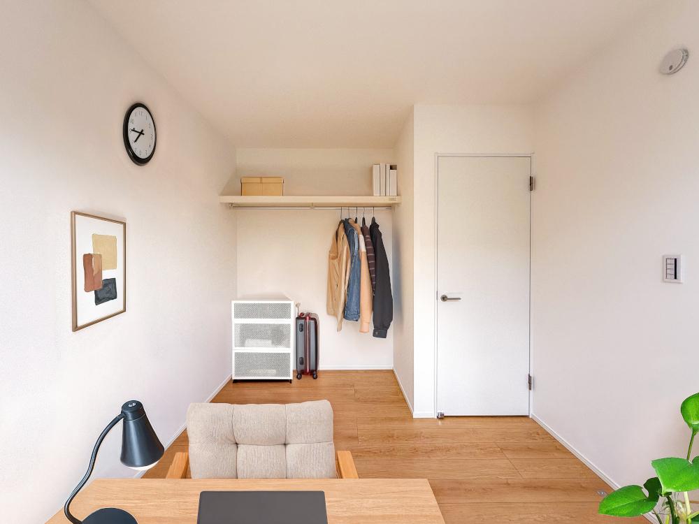 【収納付き居室(4.5帖×2)】建具の引きしろを気にせずお部屋を使えるオープン収納を設けたお部屋です。ちょうどよい広さで子ども部屋に好適!※家具・小物等はCGで合成したイメージです