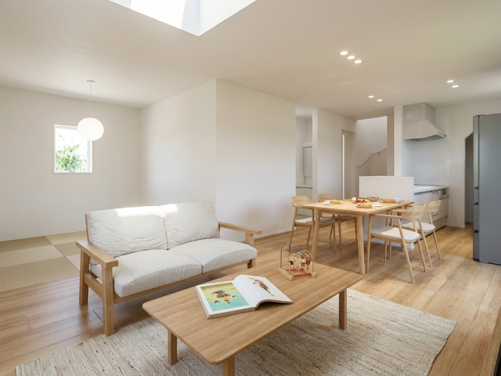 【完成予想図(内観)】LDKはタタミスペースを合わせると広々20.5帖！家族が思い思いの場所でくつろげます。
